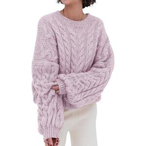 Women Light Purple Spring Fall Cable Knit Long Sleeve Crewneck Oversized Sweater